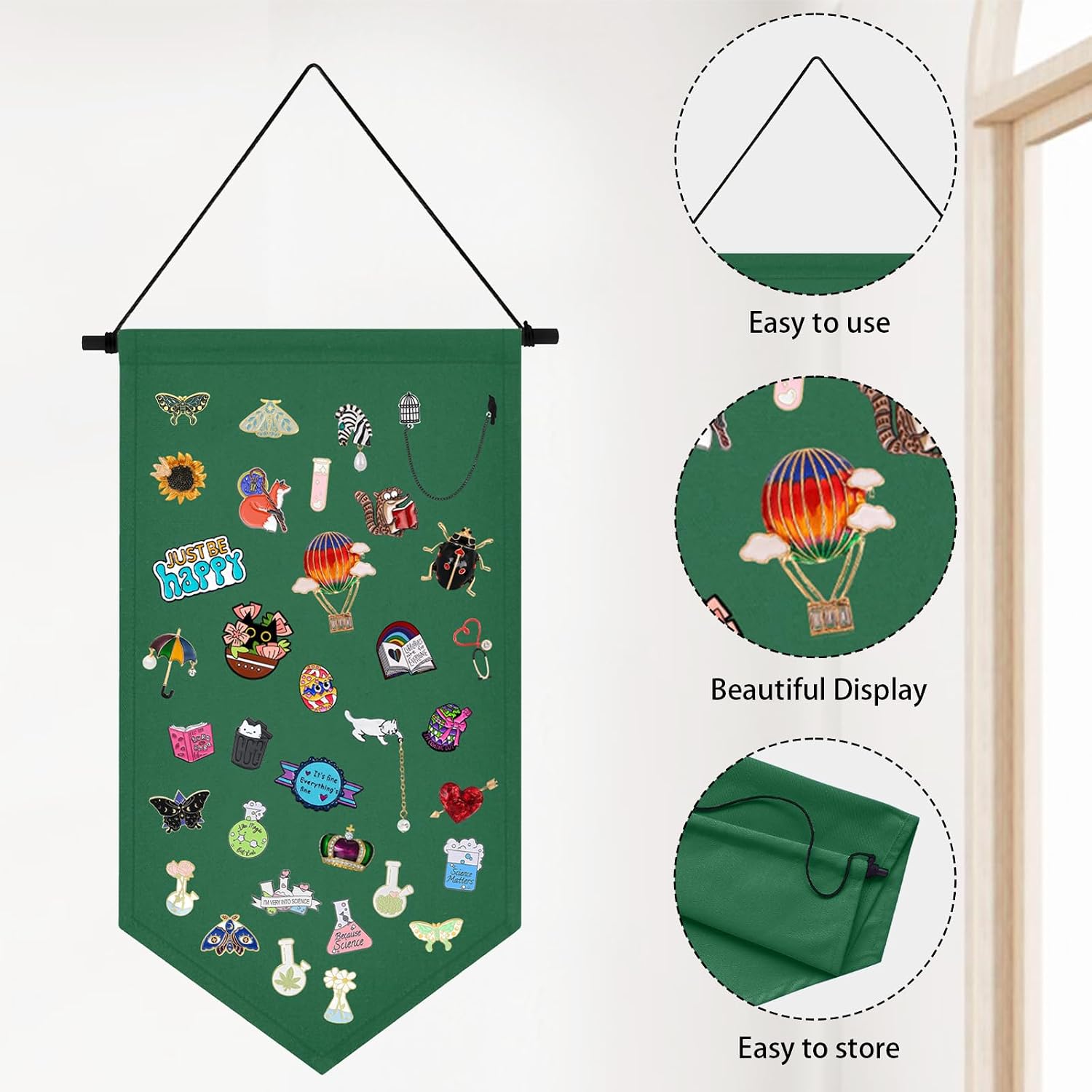 Winmany Wall Hanging Brooch Jewelry Storage Case Canvas Display Stand Enamel Pin Display Banner Holder Earrings Necklace Glitter Pin Collection Organizer (Green)