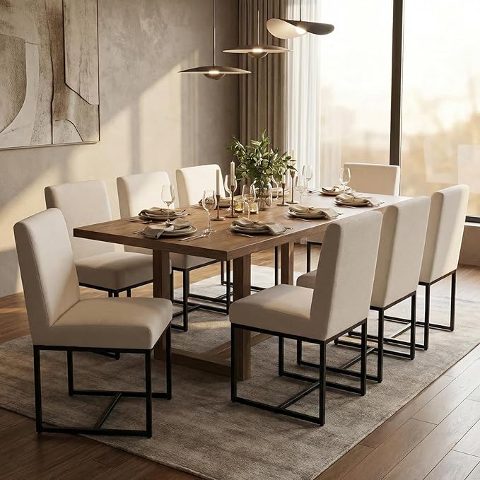 CIMOTA Modern Linen Dining Chair Set of 8, Mid Century Dining Room Chairs Fabric Upholstered Armless Side Chair with Black Sled Base for Dining Room, White Cream 8PCS