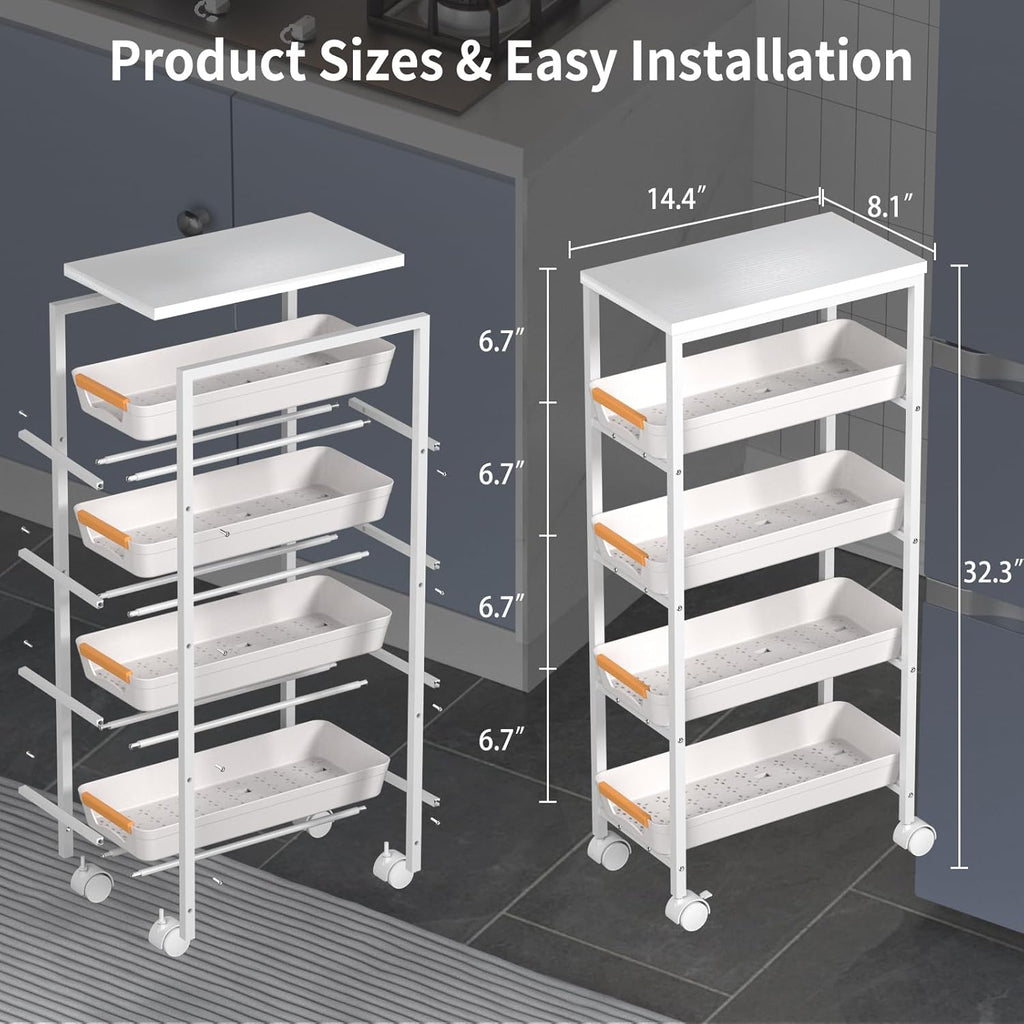 5 Tier Slim Rolling Utility Cart with Drawers Pull-Out Design Slim Storage Cart with Metal Frame and Wooden Top for Narrow Space in Home Kitchen Bathroom White (Width 8.1 Inches)