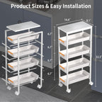 5 Tier Slim Rolling Utility Cart with Drawers Pull-Out Design Slim Storage Cart with Metal Frame and Wooden Top for Narrow Space in Home Kitchen Bathroom White (Width 8.1 Inches)