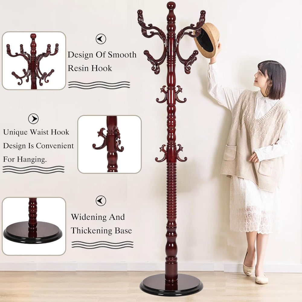 Wooden Coat Rack Freestanding, Hall Tree Hanger With Resin Hooks, Adjustable ...