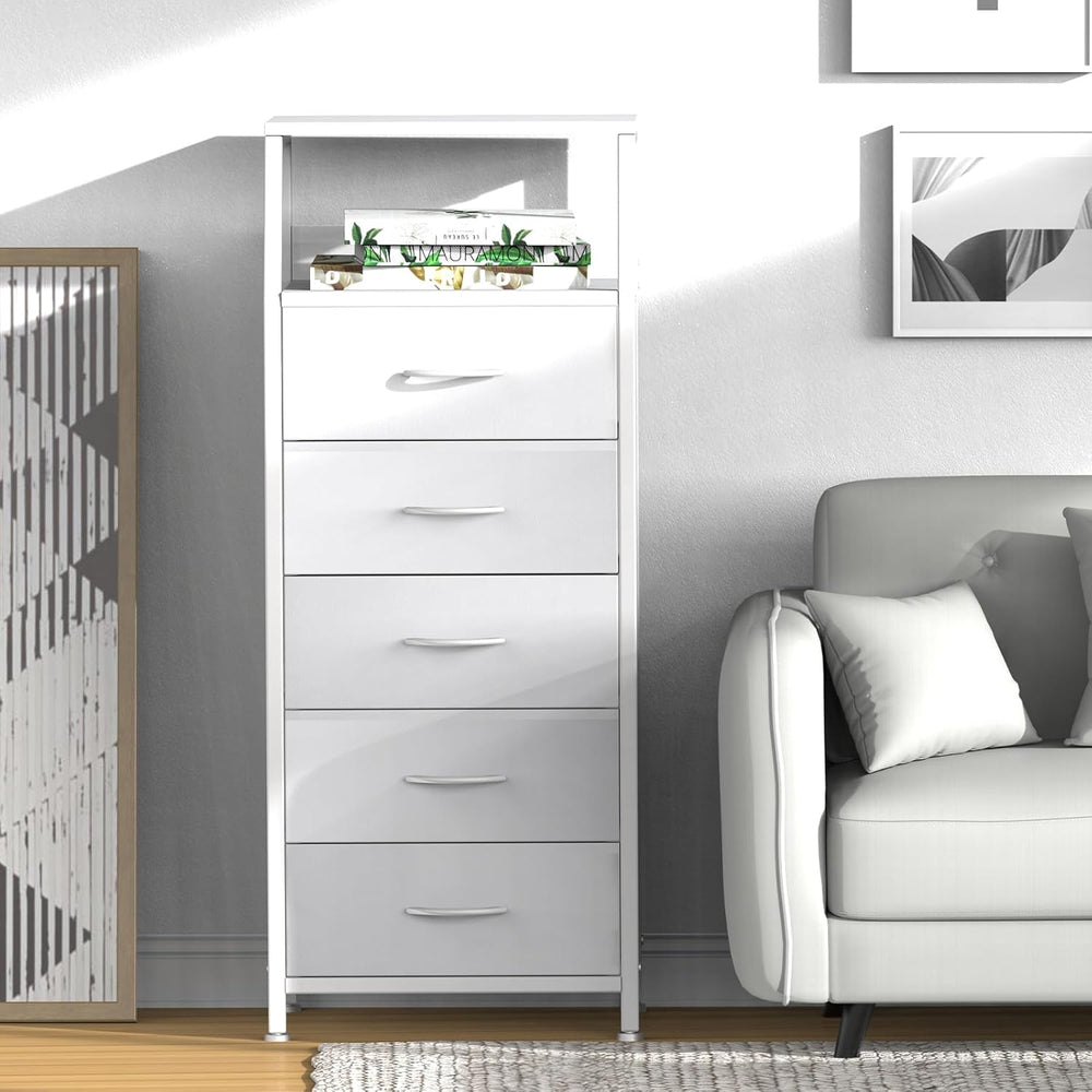 5 Drawers White Tall Fabric Dresser for Bedroom, Dorm Nightstand | Vertical S...