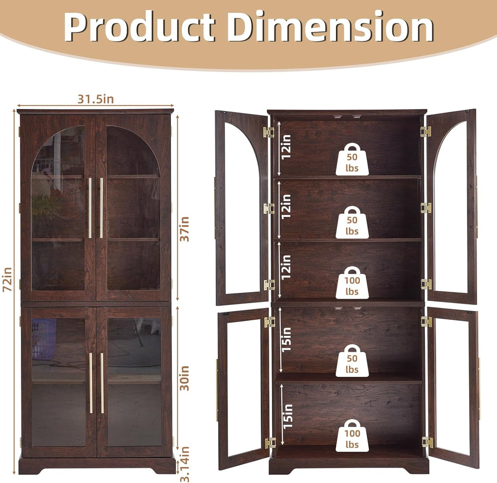 Joaxswe 72" Tall Bookshelf with 4 Curved Glass Doors, Farmhouse Bookcase...