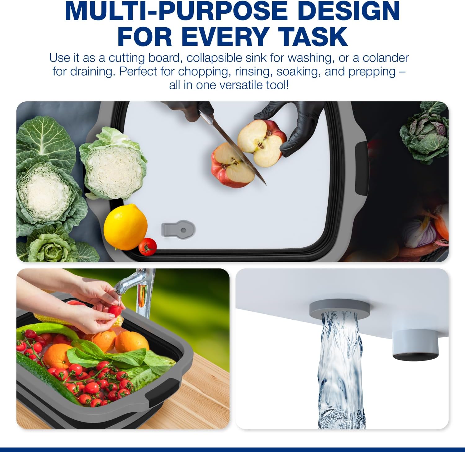 2-Pack XL Collapsible BBQ Prep Tub with Built-In Cutting Board, Lid & Strainer – Marinate, Drain & Prep – Large Food-Safe Container – Perfect for Grilling, Smoking & Outdoor Cooking (Black)