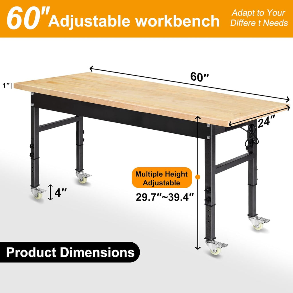 60" Adjustable Work Bench, Rubber Wood Top Workbench Heavy-Duty Work Table with Power Outlet and Wheels, 2000 LBS Load Capacity Hardwood Work Benches for Garage, Workshop, Home, Office, Easy Assembly