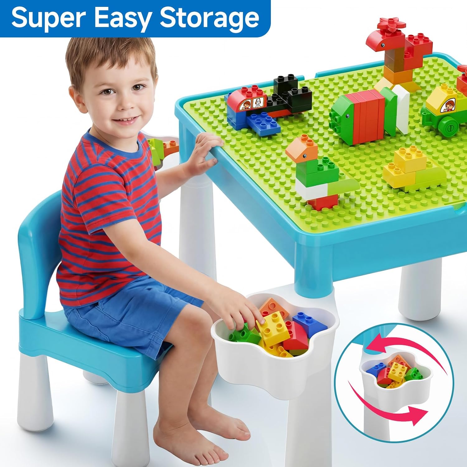 5-in-1 Toddler Table and Chair Set with 128PCS Building Blocks, Kids Activity Table Flip Top for Art, Sand & Water Play, Leak-Proof Design, Includes 1 Sturdy Chair, ASTM Certified, Gift for Ages 2-4