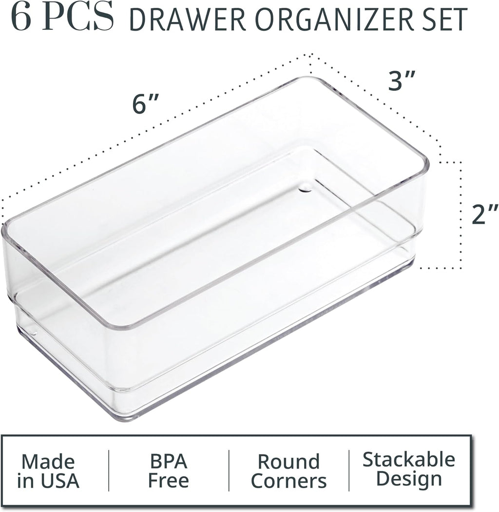 STORi SimpleSort 6-Piece Stackable Clear Drawer Organizer Set | 6" x 3" x 2" Rectangle Trays | Small Makeup Vanity Storage Bins and Office Desk Drawer Dividers | Made in USA