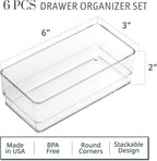STORi SimpleSort 6-Piece Stackable Clear Drawer Organizer Set | 6" x 3" x 2" Rectangle Trays | Small Makeup Vanity Storage Bins and Office Desk Drawer Dividers | Made in USA