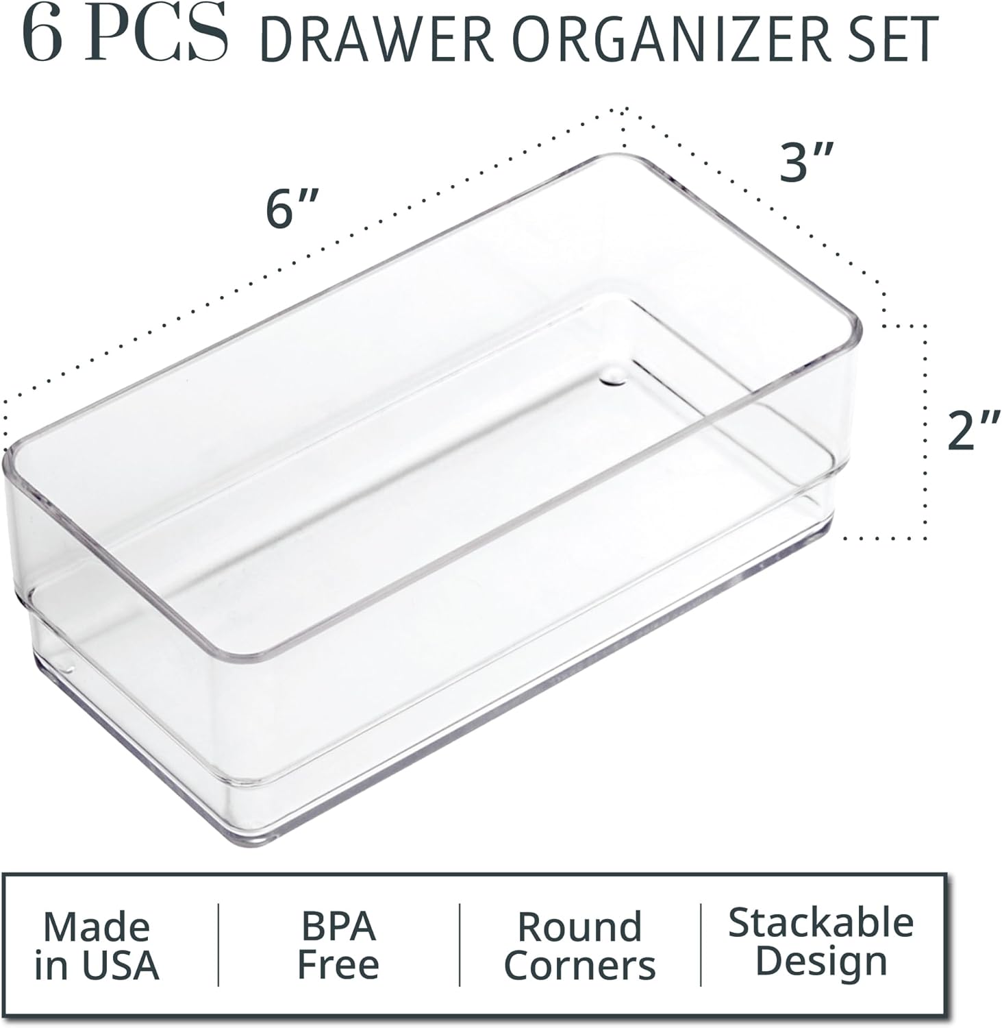 STORi SimpleSort 6-Piece Stackable Clear Drawer Organizer Set | 6" x 3" x 2" Rectangle Trays | Small Makeup Vanity Storage Bins and Office Desk Drawer Dividers | Made in USA