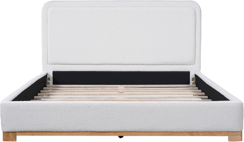 Peanu Queen Bed Frame, Boucle Upholstered Headboard, White Base