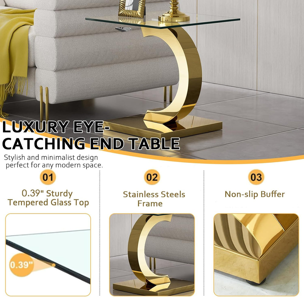 Modern Square Glass End Side Table with C-Shape Gold Stainless Steel Base, 22...