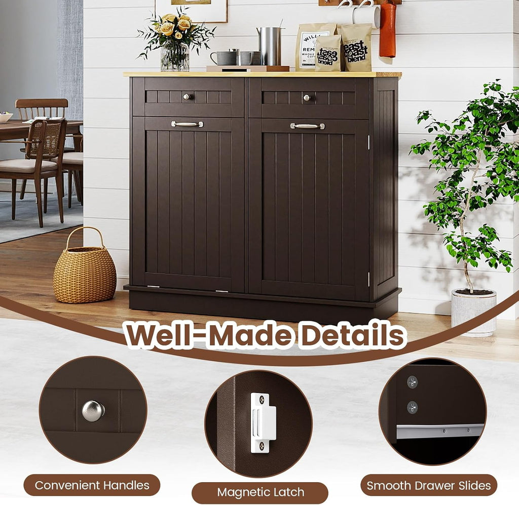 Tilt Out Trash Cabinet, Laundry Cabinet with 2 Drawers & Adjustable Shelf, Rubber Wood Counter Top, Recycle Bins for Dining Room, Kitchen (Brown)