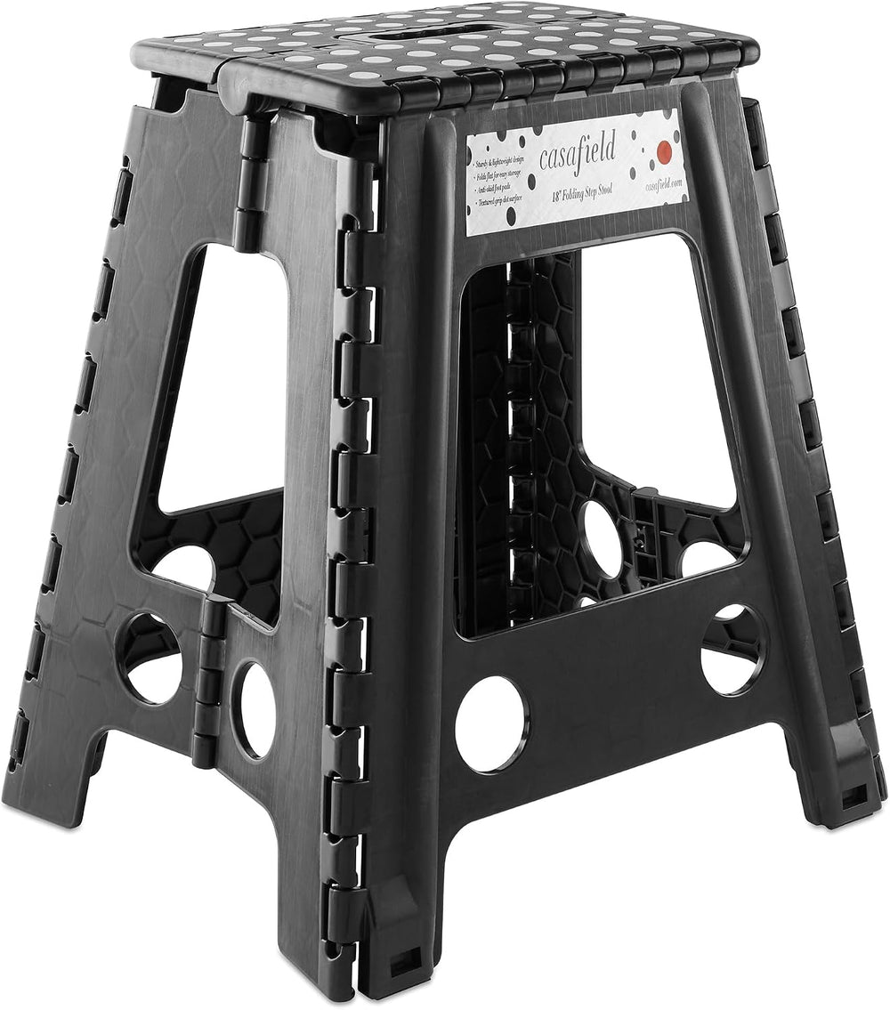 Casafield 18" Folding Step Stool with Handle, Black - Portable Collapsib...
