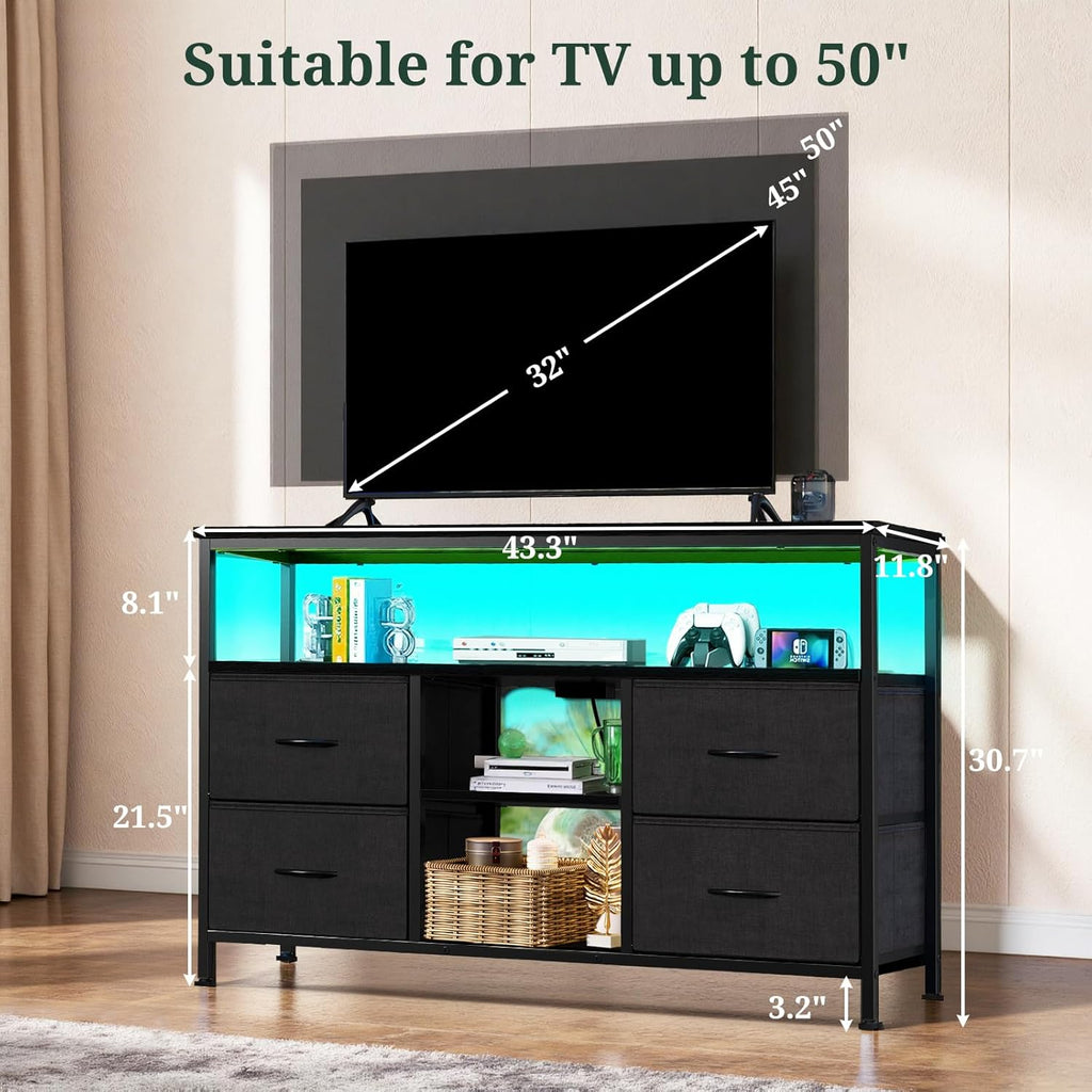 TV Stand Dresser for Bedroom, Entertainment Center with LED Lights & Charging Station, Media Console with 4 Fabric Drawers and Open Storage Shelves for Living Room, Black