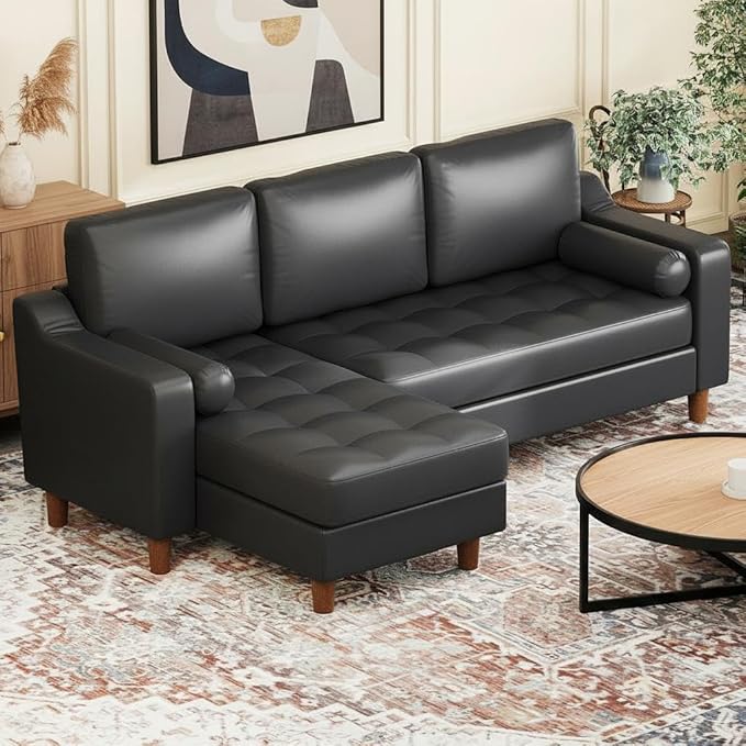 GarveeHome 88.9" L-Shape Couch with Convertible Chaise, Sectional Sofa with Deep Seat, Modern Mid-Century Leather Sofa for Living Room, 3 Seat Comfy Leather Couch, Black