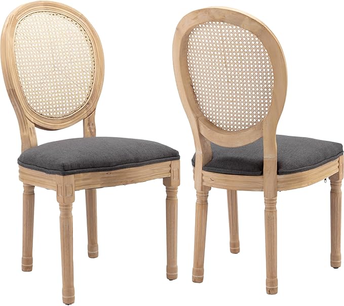 French Country Dining Chairs Set of 2, Gray Kitchen & Dining Room Chairs Set of 2, Rattan Dining Chairs, Cane Back, Wood Legs, Sillas De Comedor (Rattan, Grey, 2Pcs)
