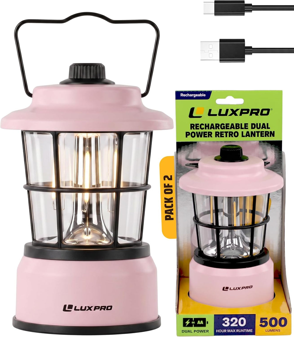 LUXPRO Rechargeable Retro Outdoor Lantern LED Camping Lantern, Pink,2 Pack