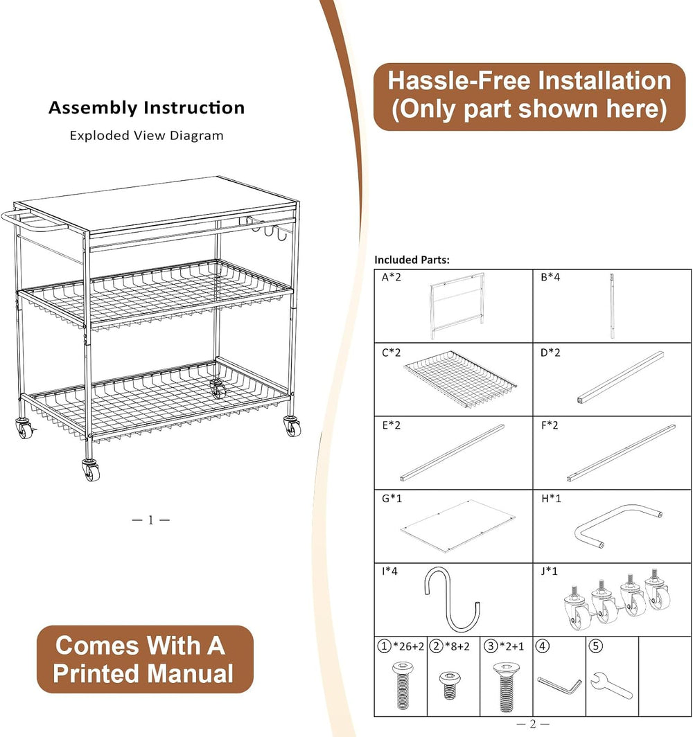 3 Tier Heavy Duty Rolling Kitchen Cart with Handle & Locking Wheels – Met...
