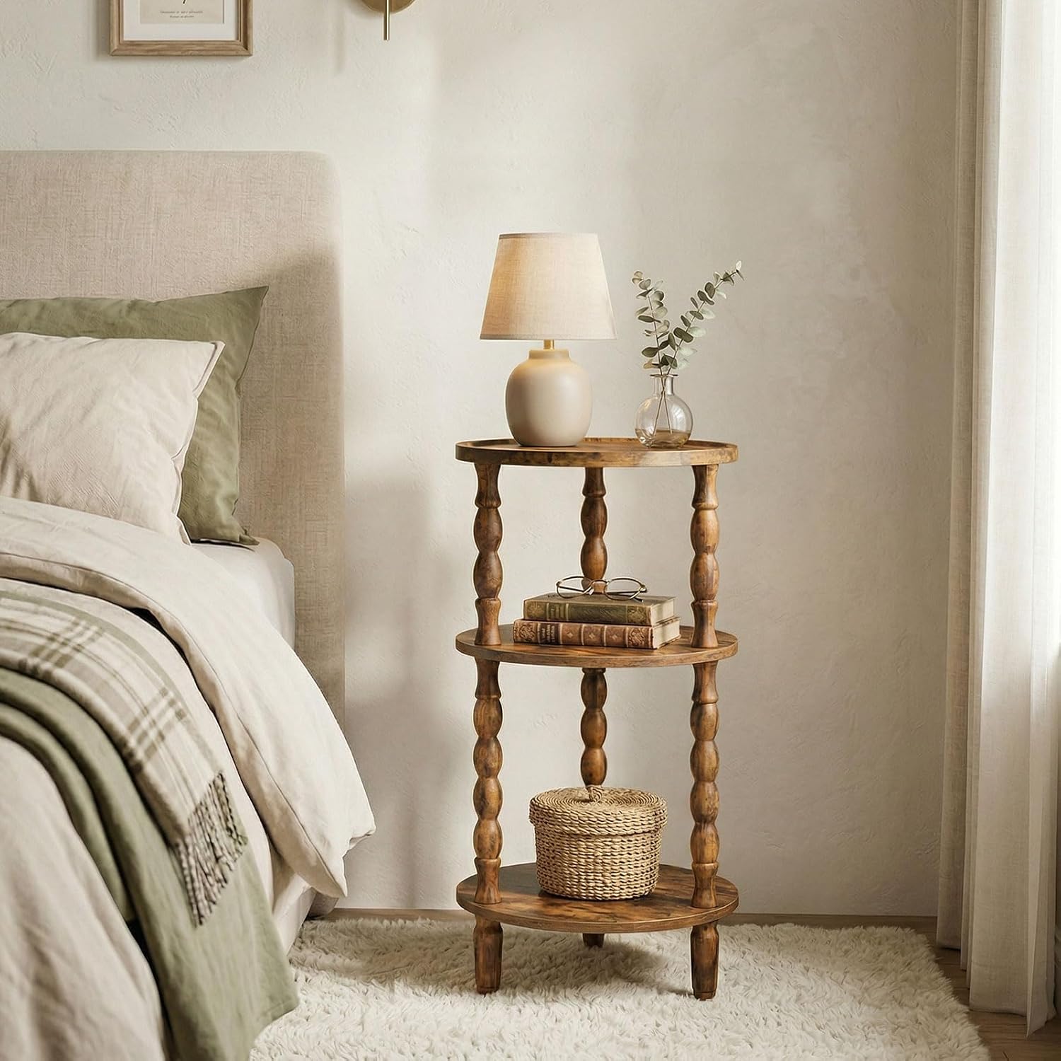 HOOBRO Round Side Table for Small Space, 3-Tier Small Round End Table with Rubberwood Leg, Accent Bedside Table, Circle Nightstand, Living Room, Bedroom, Sofa Couch, Rustic Brown FG218BZ01