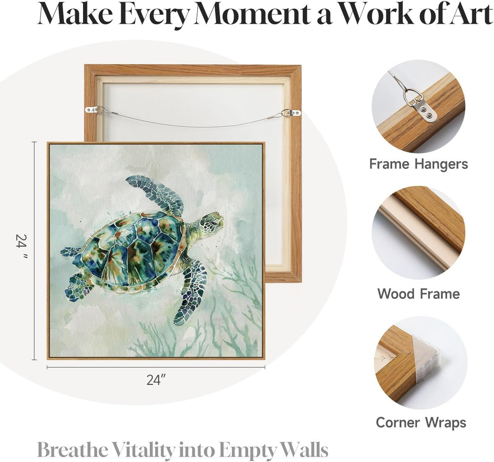 Large Framed Coastal Green Sea Turtle Wall Art for Living Room, 24x24 Inch