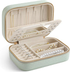 Genuine Leather Travel Jewelry Organizer Case with Mirror for Women, Small Mini Portable Jewelry Box for Ring Earrings Necklace Bracelet Luxury Gift for Women（Mint Green）