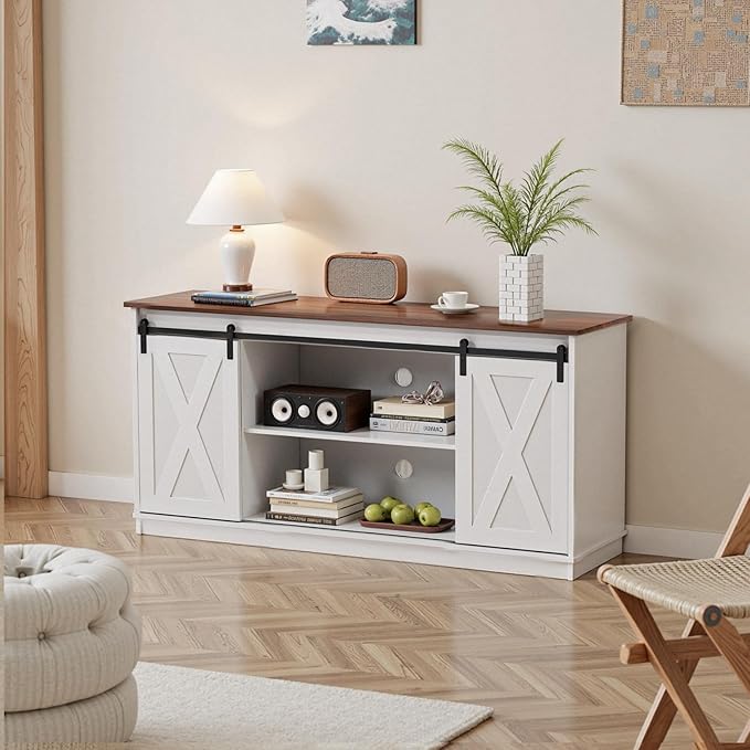 Sweetcrispy TV Stand for Televisions up to 65 Inch Farmhouse Entertainment Center with Storage Cabinets Sliding Barn Doors Modern Living Room Furniture Media Console Table for Bedroom, White