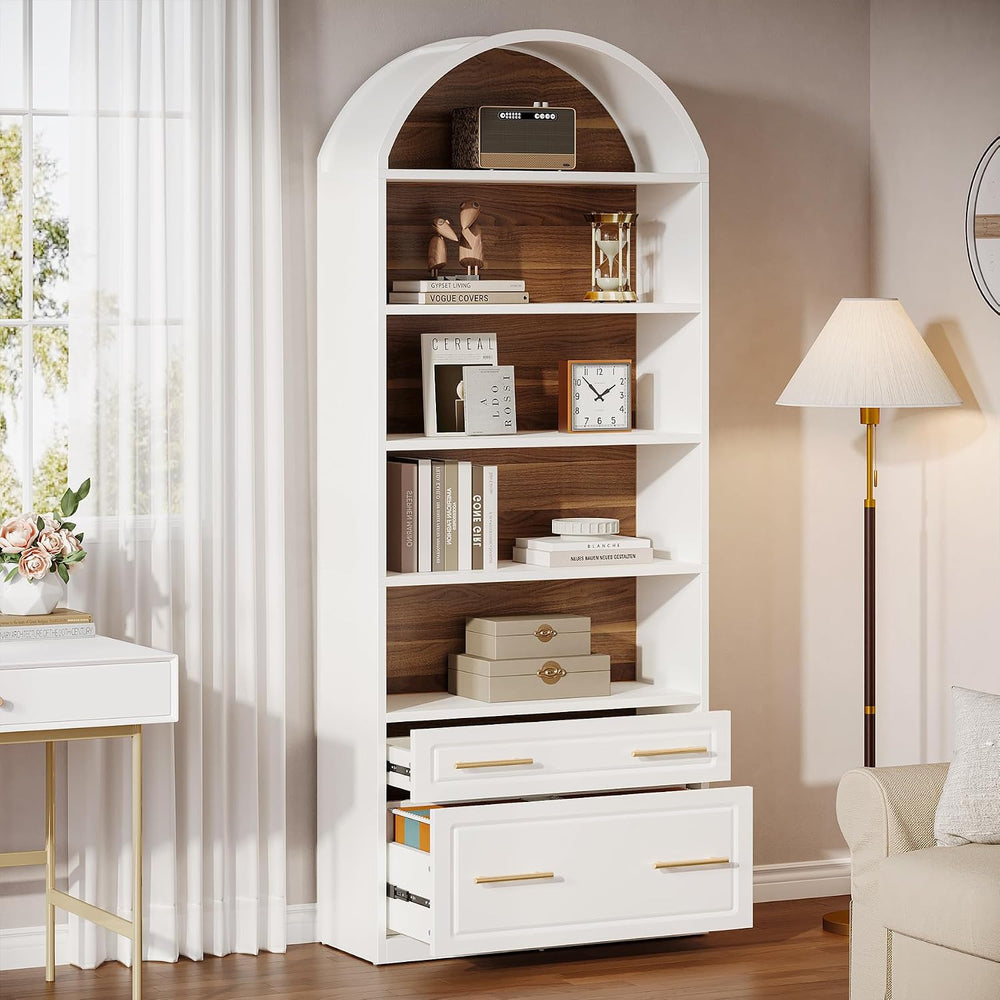 Tribesigns 76.8" Tall Arched 5-Tier Bookcase with File Cabinet Drawer