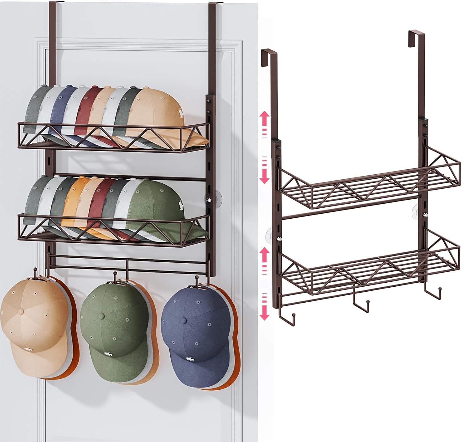 SWTYMIKI Over Door Hat Organizer - 3 Tier Wall Mounted Hat Rack with 2 Adjustable Metal Basket and 3 Hooks, Hanging Baseball Cap Organizer Storage Holds up to 29 Caps for Door, Bedroom, Closet