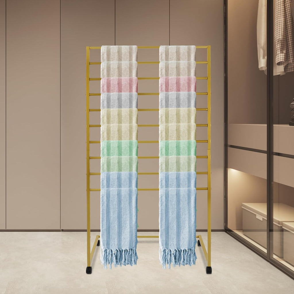 10 Tier Metal Scarf Display Stand with Moving Wheels, Freestanding Scarf Holder Organizer, Commercial Scarf Rack for Clothing Retail Store, Home