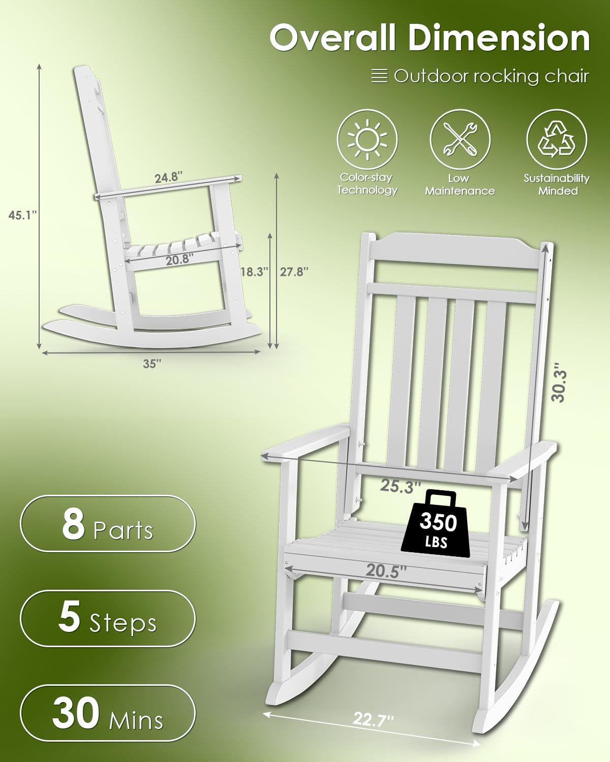 GREENVINES Classic Outdoor-Rocking-Chairs-Set-of-2, HDPE Rocker, White | 30.3" High Back | All Weather Porch Chairs Plastic | Heavy Duty | 20.5" Wide Seat | Big & Tall | for Patio Balcony Deck