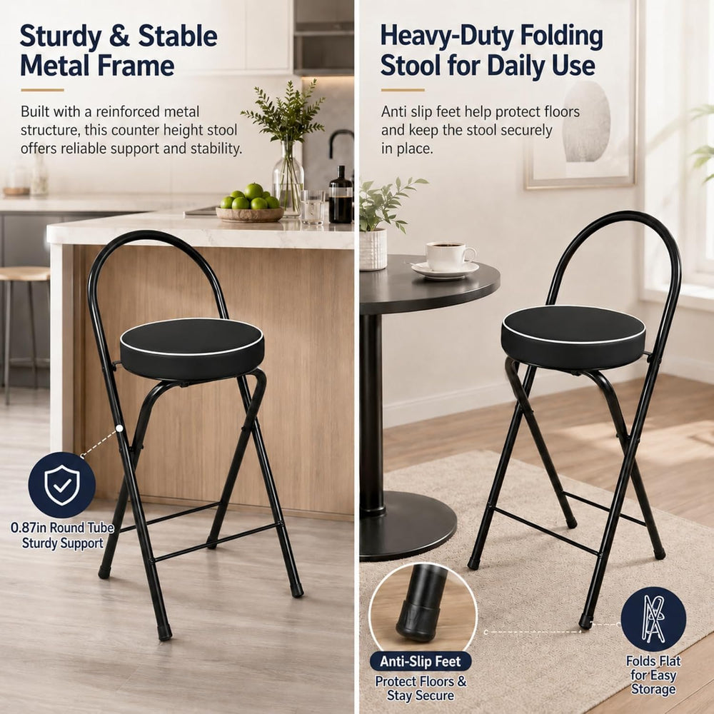 Folding Bar Stool with Backrest Counter Height Chair Padded Seat Cushion Spac...
