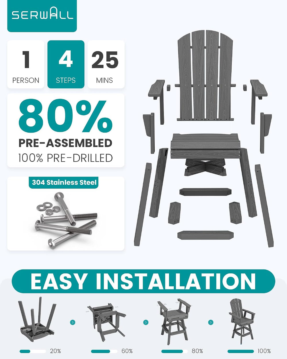 SERWALL Swivel Adirondack Barstools Set of 2, HDPE Outdoor Swivel Bar Chairs ...