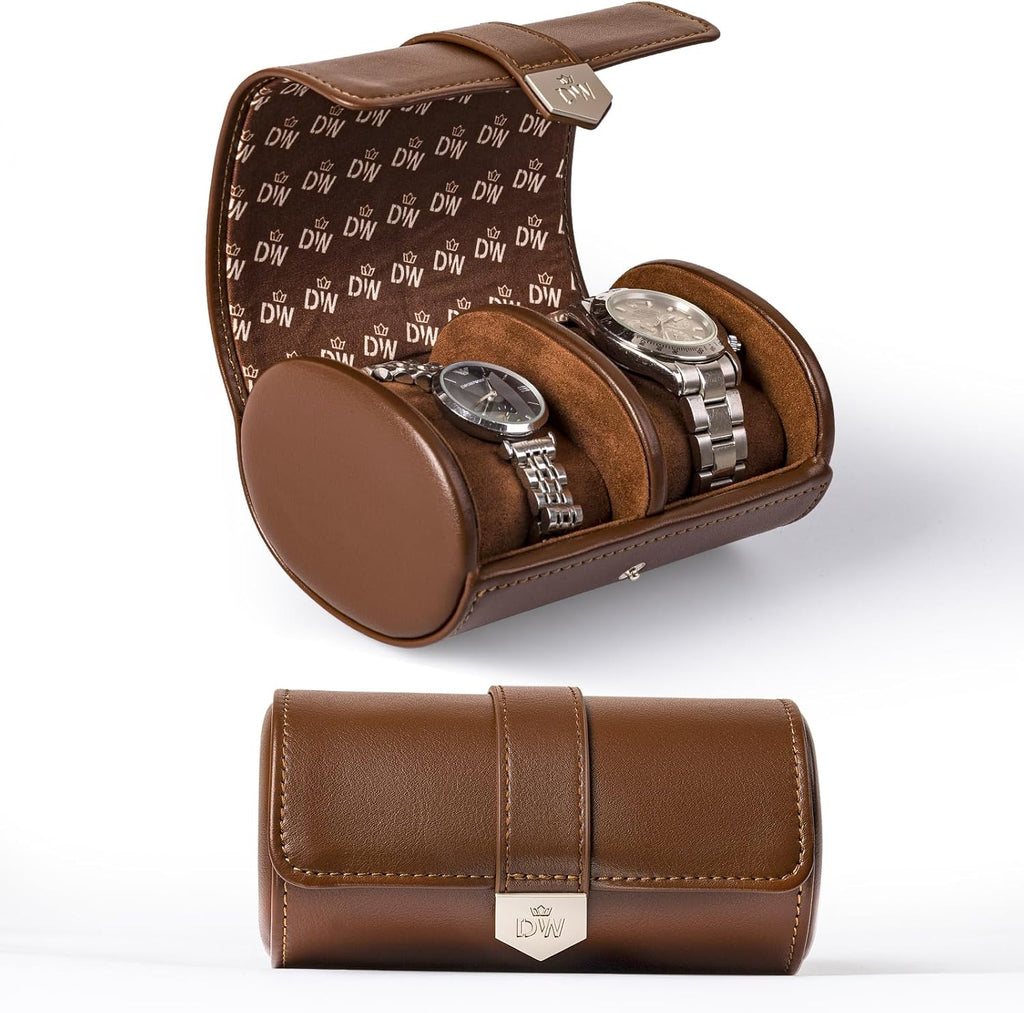 DUKWIN Watch Roll for 2 Watches,Vegan Leather Travel Watch Case Organizer with Removable Pillows for Men and Women,Display Case for Watches Collection and Gift for Anniversary Birthday(Brown Storage)