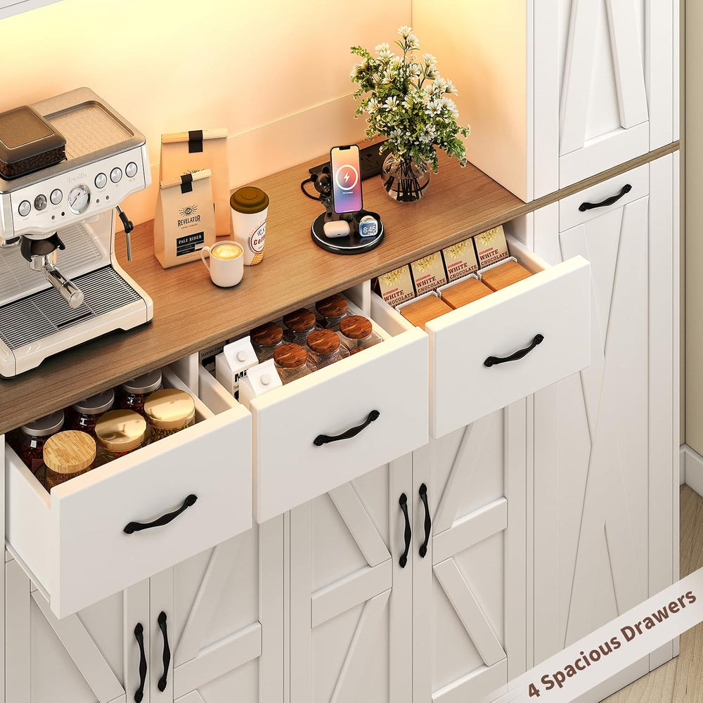 70.9" Tall Farmhouse Pantry Cabinet with Pull-Out Storage Cart & LED...