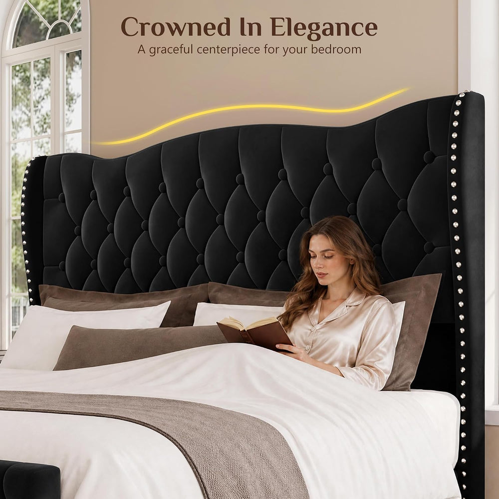 King Size Bed Frame with 53.15" High Crown Headboard, Black