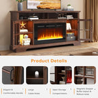 70" TV Stand with Electric Fireplace, Modern Entertainment Center for TVs Up to 80 Inches, Farmhouse Media Console with Storage Cabinets & Doors for Living Room, Brown and Black