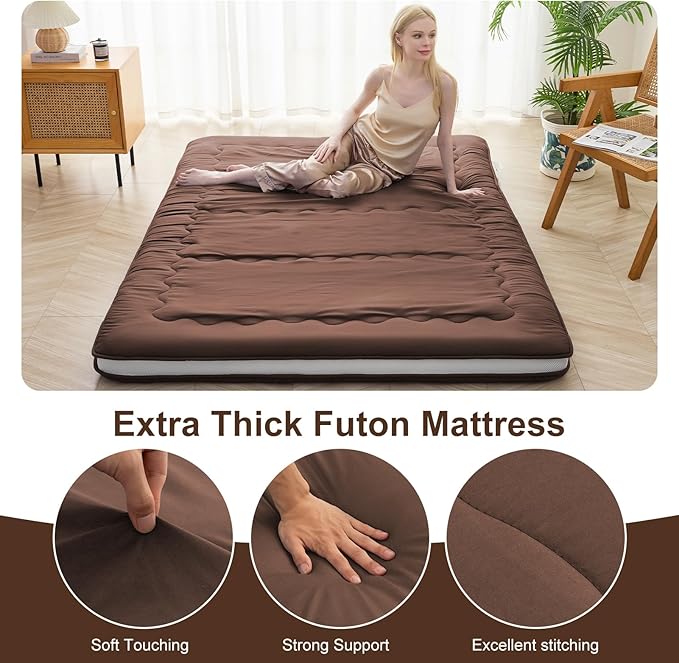 Japanese Floor Mattress, 6" Japanese Futon Mattress, Foldable & Portable Shiki Futon (shikibuton), Roll Up Thicken Sleeping Mattress Tatami Mat Sleeping Pad for Camping (Brown, 54 x 80)