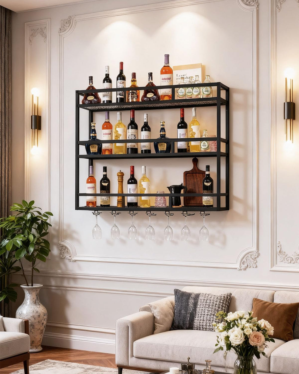 Wall-Mounted Wine Rack, 39" Metal Bar Shelves with Bottle Glass Holder |...