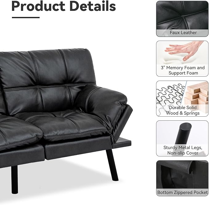 71" Convertible Futon Sofa Bed,Faux Leather Futon Couch Bed,Memory Foam Sleeper Sofa,Modern Folding Small Loveseat for Living Room,Office,Apartment,Matte Black