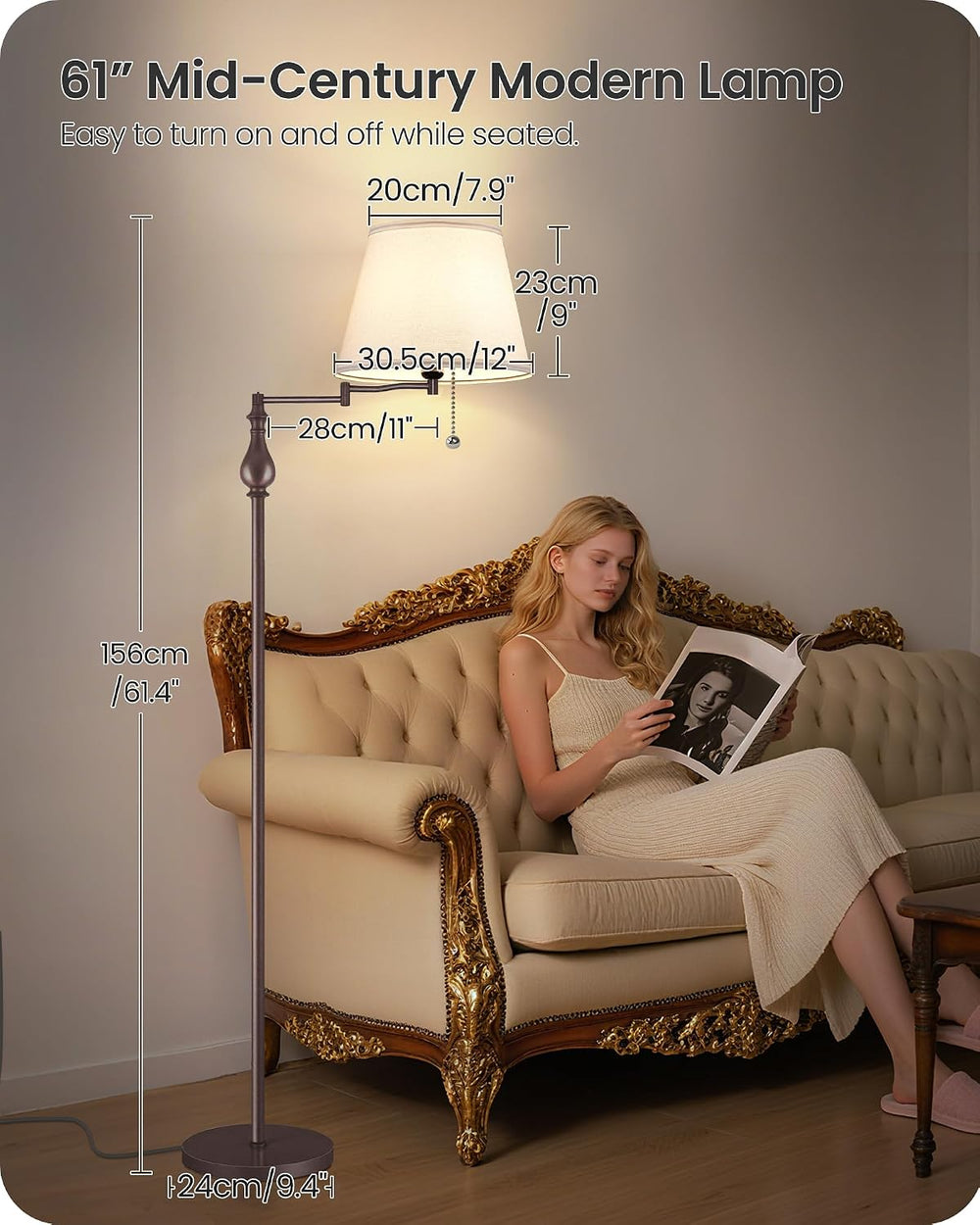 61" Vintage Floor Lamp with Adjustable Swing Arm,Rustic Brown & Whit...