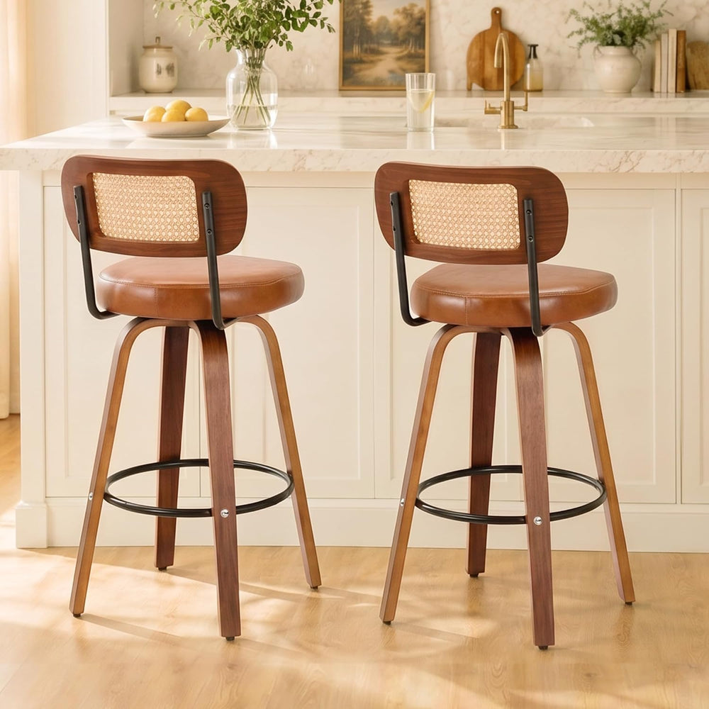 Rattan Bar Stools Set of 2,Upholstered PU Leather, 30''Counter Height...