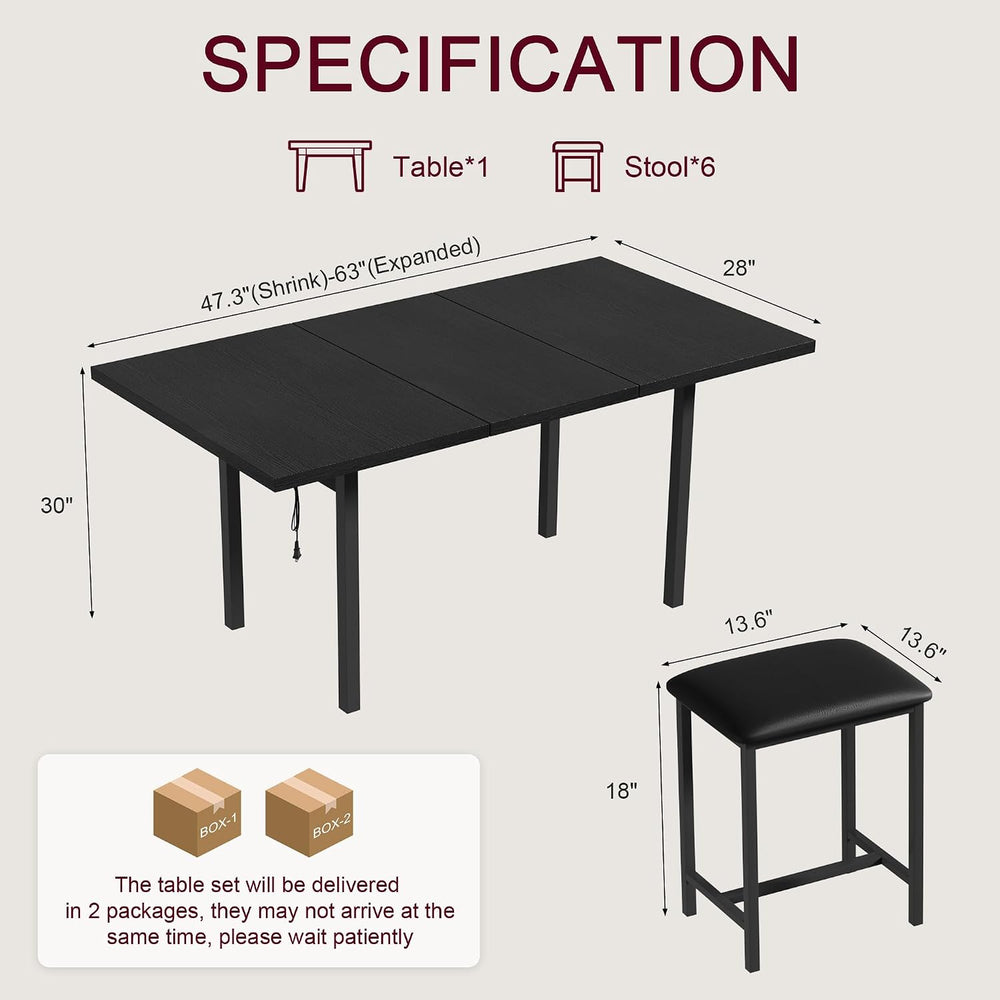 VECELO 7-Piece Dining Table Set with 6 Square PU Stools, 63" Expandable ...