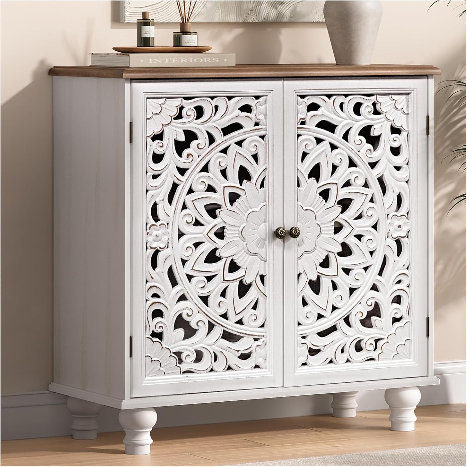 Accent Cabinet with Doors, Decorative Storage Cabinet with Adjustable Shelf, Carved Sideboard Buffet with Solid Wood Legs for Living Room, Entryway, Kitchen, Hallway, White