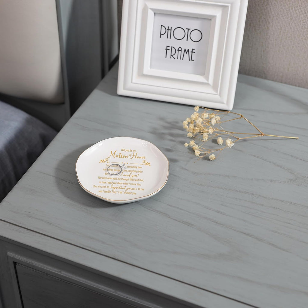 HOME SMILE Matron Of Honor Ring Dish - Will You Be My Matron Of Honor - Jewelry Trinket Dish Tray, Bridesmaid & Bridal Shower Gifts - Proposal Gift For Bestie, White Ceramic