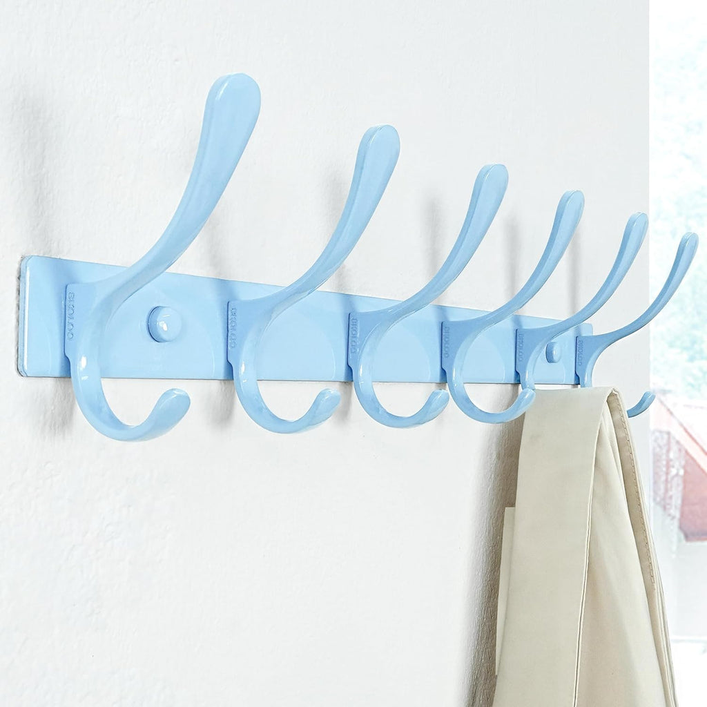 SKOLOO Heavy Duty Wall Mounted Coat Rack - 6 Hooks, Stainless Steel, Pack of 2, Sturdy Coat Hooks for Hanging Clothes, Jacket, Hat, Blue
