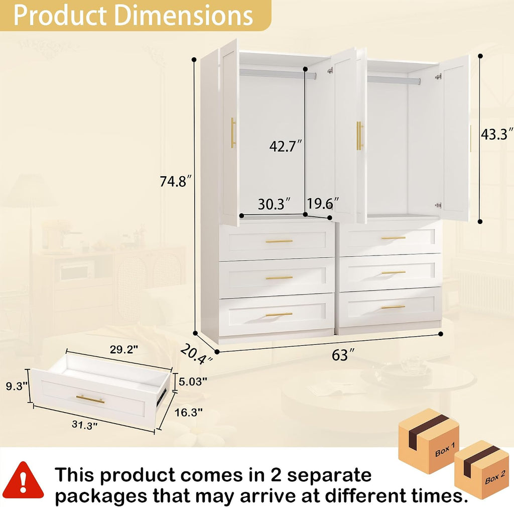 Armoire Wardrobe Closet with Drawers: 75" White Large Wardrobe Closet with Doors, Tall Clothes Cabinets for Bedroom, Wood Clothes Armoire with Hanging Rod