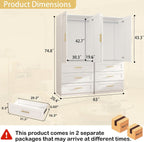 Armoire Wardrobe Closet with Drawers: 75" White Large Wardrobe Closet with Doors, Tall Clothes Cabinets for Bedroom, Wood Clothes Armoire with Hanging Rod