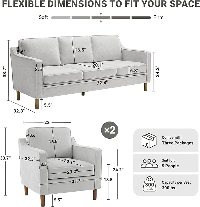 Kingfun Living Room Furniture Sets, 3 Seater Couch and 2 Armchair, Mid Century Modern Sofa Set, Chenille Couch with Solid Wood Frame for Living Room & Bedroom, Silver Gray