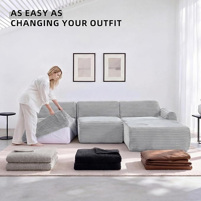 Modular Floor Sofa, Cozy Corduroy Sectional Couch with Fully Washable Covers, Frameless L Shaped Couch for Living Room, Family & Pet Friendly Lounge,No Assembly(Light Gray,Right Facing Chaise)