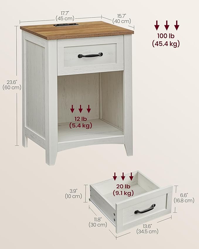 VASAGLE LIRY Collection - Farmhouse Nightstands with Charging Station, Set of 2 Bedside Tables, Side Tables with Drawer, Open Compartment, for Bedroom, Rustic White and Honey Brown ULET859K41